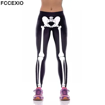 FCCEXIO 2021 Yeni Tayt Vücut İskelet Baskı Tayt Kadın Elastik Spor Leggins Yüksek Bel Pantolon Sıska Seksi Pantolon