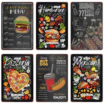 Fast Food Menü Vintage Tabela BARBEKÜ Menü Metal Poster Burger Pizza Duvar Dekorasyon için Parti Mutfak Restoran Ev Dekor N460