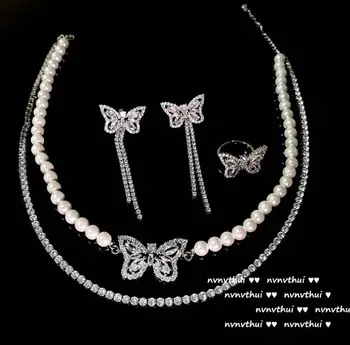 Kelebek Uçan Mücevher Püskül Küpe Tasarımcı 18K Altın Kaplama Kelebek Zirkon Kabuk İnci Çift Kolye kadınlar için