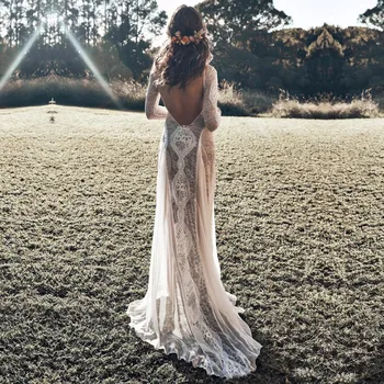 Backless Dantel Gelinlik Uzun Kollu Vintage Bohemian Aç Geri Seksi Illusion Plaj Düğün Gelin Elbise Basit Gelin Kıyafeti