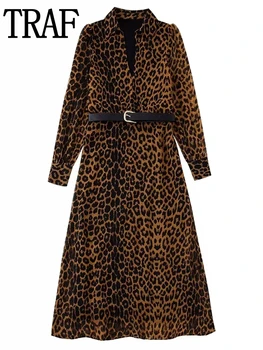 TRAF Leopar Baskı Midi Elbiseler Sonbahar Kış 2023 Uzun Kollu Zarif Elbiseler Kadınlar İçin Vintage Kuşaklı Uzun Elbiseler Kadın