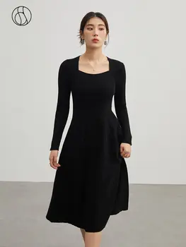 DUSHU Retro Kare Boyun Örme Elbise Kadın Sonbahar Kış Zarif Kadınsı Orta uzunlukta Etek Dip uzun elbise Kadın