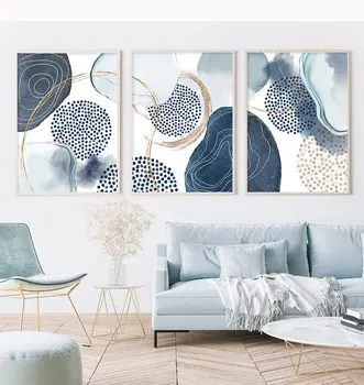 Soyut Suluboya Mavi Altın Geometrik Şekiller Sanat Tuval Resimleri Poster Baskı Duvar sanat resmi Oturma Odası Ev Dekor için