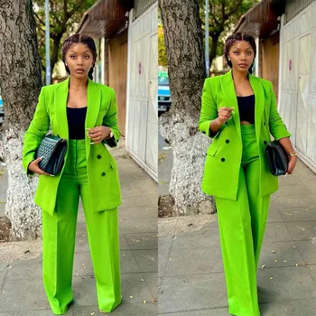 Ofis Bayan Yeşil Kadın Takım Elbise Custom Made Casual Doruğa Yaka Kruvaze Blazer Parti Açık Günlük Ceket 2 Parça Set
