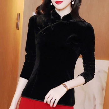Güz Bahar Eski Çin Bayan Kadın Ince Mandarin Yaka Siyah Kadife T Shirt Üst, kadın Kadife Gömlek Cheongsam Tops