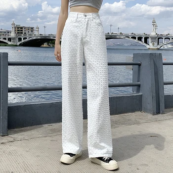 Tasarımcı Hollow Out Kot Kadın Geniş Bacak Pantolon Kot Yüksek Bel Beyaz Mavi Gevşek Erkek Arkadaşı günlük pantolon Anne Kot Moda