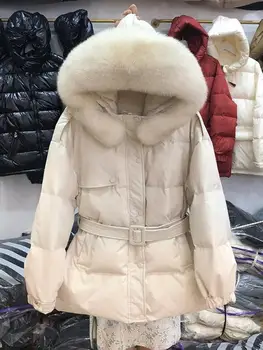 Kış Beyaz Ördek Aşağı Ceketler Kadın Yapay Kürk Yaka kapüşonlu ceket Kemer İle Sonbahar Kalın Sıcak Rahat Ceket Kirpi Ceket