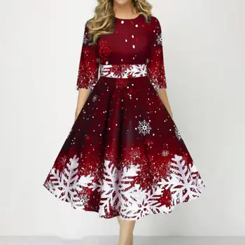 Noel Elbise O-Boyun 3/4 Kollu Bel Sıkı Yüksek Bel Noel Kar Tanesi Baskı Büyük Hem A-Line Midi Elbise