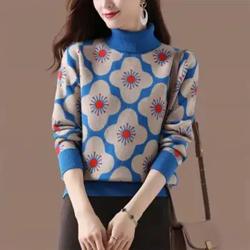 Sonbahar Kış kadın Çiçek Baskılı Balıkçı Yaka örme tişört Moda Kore Rahat Uzun Kollu Sıcak Üstleri Kadın Giyim Yeni