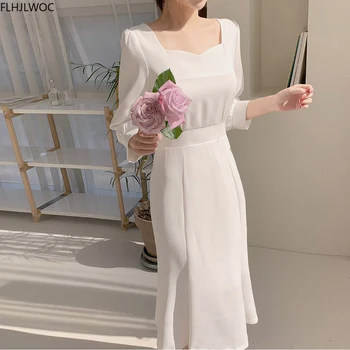 Zarif Ofis Bayan İş Elbiseleri Kore moda giyim papyon Dantel-Up Beyaz Mizaç Retro Vintage Elbise Şık Flhjlwoc