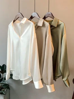 Deeptown Kadın Saten İpek Gömlek Vintage Şifon Katı Düğme Bluz Tops Ofis Elbise Gömlek Kore Rahat Gevşek Uzun Kollu