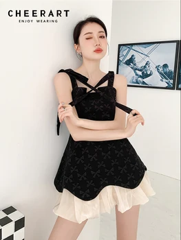 CHEERART Backless Siyah Patchwork Kawaii Sevimli Tank Elbise Kadınlar İçin 2022 Kore Moda Balo Mini Elbise tasarım elbise