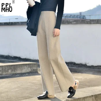 Moda Yün Geniş Bacak Pantolon Kadın 2022 Sonbahar Ofis Yüksek Bel Yün Karışımı Pantolon Zarif Fermuar Düz Baggy Pantalones