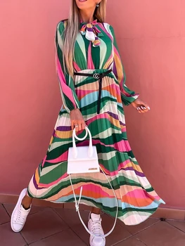 Zarif O-Boyun Yay Dantel-up uzun elbise Bahar Rahat Uzun Kollu Pilili Plaj Elbise Yaz Kadın Vintage Desenli Parti Elbiseler