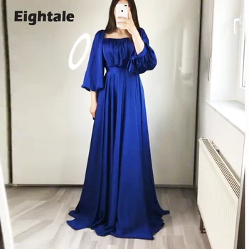 Eightale Mavi Akşam Elbise Düğün Parti için Saten A-Line Uzun Kollu Pleats Zarif Arapça Balo Abiye kutlama elbiseleri