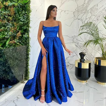 Smileven Kraliyet Mavi Bir Çizgi Akşam Elbise Spagetti Kayışı Parlak balo kıyafetleri Yan Bölünmüş Yeni Ünlü Parti Törenlerinde 2022
