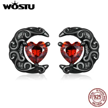 WOSTU 925 Ayar Gümüş Kabartmalı Mehtap Küpe Kan Kırmızı Kalp şeklinde Zirkon Cadılar Bayramı Hediye Kadınlar için Güzel Takı