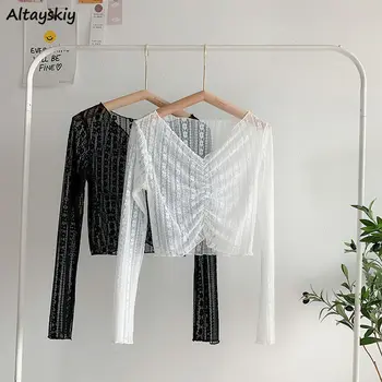 Bluzlar Kadınlar Zarif Streetwear Şık Giyim Dantel Tasarım Koleji Charm Mizaç Yaz Kadın V Yaka Şık Güneş geçirmez İnce