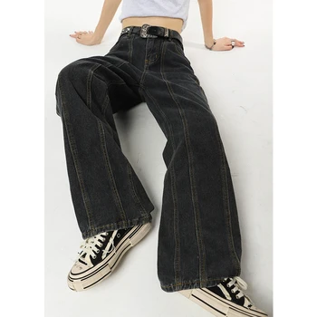 Kış Vintage Lacivert Yüksek Bel Kadın Kot Amerikan Moda Streetwear Geniş Bacak Jean Kadın Pantolon Düz Kot Pantolon