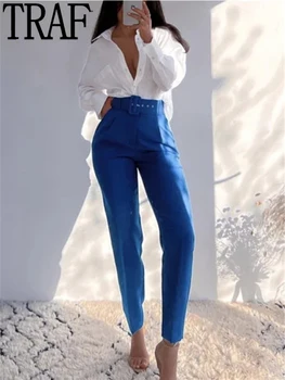 TRAF Kemer Mavi kadın pantolonları Yüksek Bel Siyah Yeşil Pantolon Kadınlar için 2022 Ofis Giyim Kadın Pantolon Y2K Streetwear Pantolon