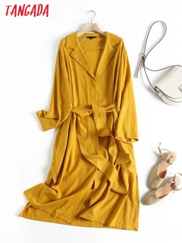 Tangada 2022 Sonbahar Kadın Sarı Keten Pamuklu Gömlek Elbise Slash Vintage Uzun Kollu Ofis Bayanlar Midi Elbise 4C98