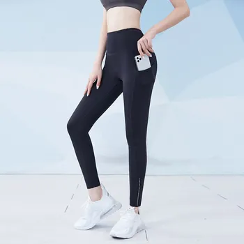 Spor Leggins Kadın Spor Dikişsiz Tayt Gece Koşu Yansıtıcı Tayt Yüksek Bel Yoga Pantolon Legging Yan Cep İle