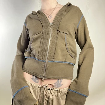 Dourbesty Vintage Kazak y2k Kadınlar Zip Up Uzun Kollu Üstleri Cepler ile 2000s Hoodies Estetik Grunge Giyim Streetwear