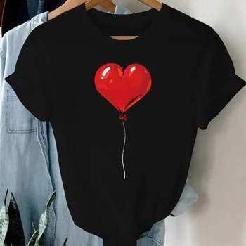 Balon Kırmızı Kalp Baskı Kadın T Shirt Harajuku Gevşek Kısa Kollu Gömlek Moda Kadın Bluzlar 2022 Streetwear Y2k Giysileri Üstleri