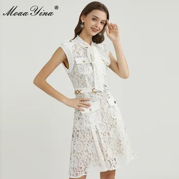 MoaaYina Moda Tasarımcısı elbise Bahar kadın Elbise Yay Kolsuz Sashes Hollow out Zarif Beyaz Dantel Elbise