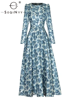 SEQINYY kadın elbisesi ıçin Parti Bahar Sonbahar Yeni Moda Tasarım Kadın Yüksek Sokak Vintage Jakarlı Çiçekler A-Line Midi Zarif
