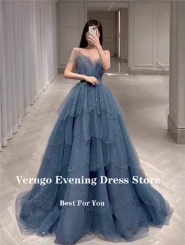 Verngo 2021 Parlak Tozlu Mavi Tül Katmanlı Etek balo kıyafetleri Spagetti Sapanlar Sevgiliye 3D Çiçekler Pullu Uzun gece elbisesi