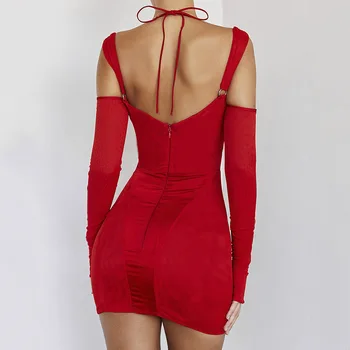 Kadın Giyim Elbiseler 2022 Hollow Out Kapalı Omuz Kırmızı Parti Mini Seksi Balo Elbise Zarif Elbiseler Bahar Giyim