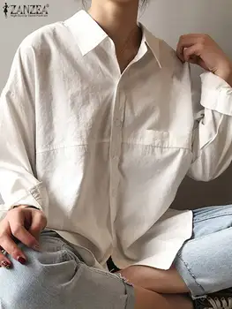 Kadınlar Uzun Kollu Gömlek Zarif Moda OL Katı Tunik Yaka Boyun Bluz ZANZEA 2022 Sonbahar Rahat Üst Tatil Blusas Femininas