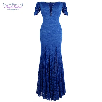 Melek moda kadın Kapalı Omuz Dantel Abiye Uzun Boncuk Kısa Kollu Düğün Parti Elbisesi Mavi 453