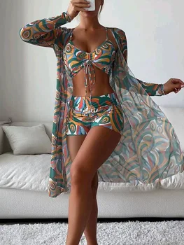 Tropikal Yüksek Bel Bikini 2022 Seksi 3 Parça bikini seti Cover Up Mayo Kadınlar için Uzun Kollu Mayo Plaj Kıyafeti Mayo