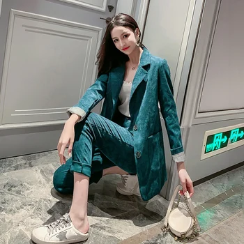 2021 Yeni Kadın Bahar Kadife İki Parçalı Set Rahat Blazer Takım Elbise Tek Göğüslü Ceket + Yüksek Bel Uzun Takım Elbise Pantolon