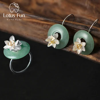 Lotus Eğlenceli Gerçek 925 Ayar Gümüş Doğal Yeşil Taş Yaratıcı El Yapımı Güzel Takı Lotus Fısıltılar takı seti Kadınlar için