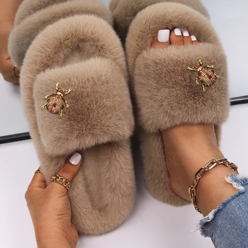 Kadın Flip Flop Kabarık Terlik Faux Kürk Slaytlar Sandalet Sevimli Böcek moda terlikler Kadın Kış rahat ayakkabılar