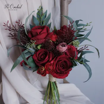 PEORCHID 2020 Vintage Kırmızı Güller Gelin Buketi Yapay Nedime Buketleri Düğün Gelinler El Tutan Çiçekler букетыйветов