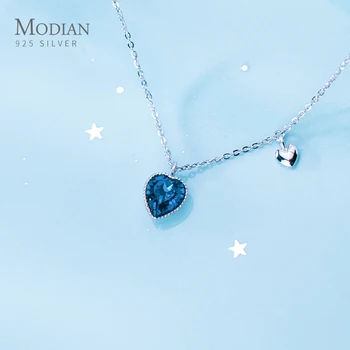 Modian Derin Mavi Kristal Romantik Kalpler Otantik 925 Ayar Gümüş Kolye Kolye Kadınlar için Güzel Takı Kız Hediye