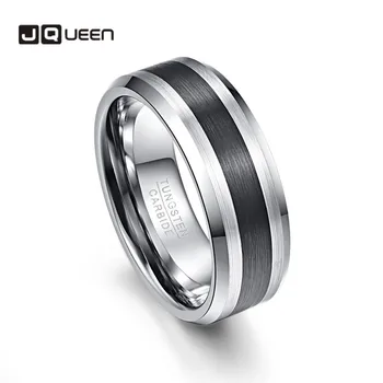 JQUEEN 8mm Tungsten karbür halkası 8MM erkek Yüzük Fırçalanmış Kaplama ve Siyah Merkezi Eğimli Kenar Boyutu Düğün Nişan Yüzüğü