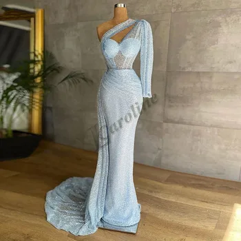 Caroline Bebek Mavi Modern Abiye Tül Illusion Bir Omuz Sparkly Pullu Mermaid Kadınlar Balo Abiye Parti Custom Made