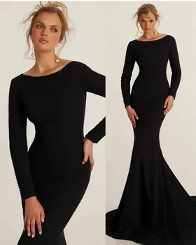 Klasik Uzun Siyah Krep Abiye Kollu Mermaid Sweep Tren Balo Elbise فساتين السهرة Kadınlar için