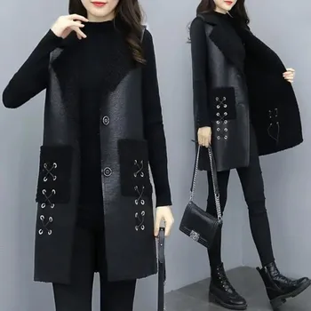 Deri Yelek kadın Yeni Sonbahar Kış Yelek Moda Kolsuz deri ceketler Giyim Siyah Kuzu Saç Yelek Ceket Kadın