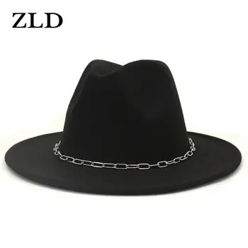ZLD Bayan Şapka Zinciri Dekorasyon Klasik Siyah Bej Keçeli Kap Panama Kovboy Caz Erkekler Kapaklar Lüks Fedora Kadın Şapka Unisex