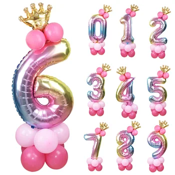 1 takım 32 inç Gökkuşağı Folyo Numarası Balon Taç Düğün Yıldönümü Partisi Lateks Balon Dekor Çocuklar Doğum Günü Hava Topu Kaynağı 7