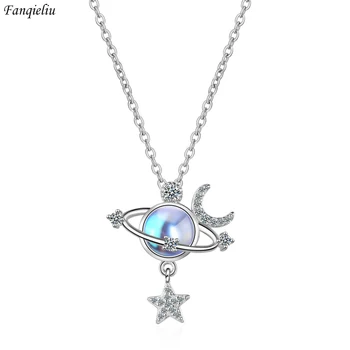 Fanqieliu S925 Damga Gümüş Renk CZ Kristal Ay Yıldız Kolye Kolye Kadınlar İçin Vintage Takı Kız Hediye Yeni FQL20243
