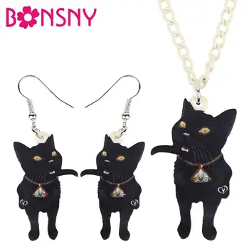 Bonsny Akrilik takı seti Gurur Yürüyüş Siyah Kedi Kolye Küpe Moda Benzersiz Kolye Kadınlar Kızlar Için Charms Hediye NE+EA