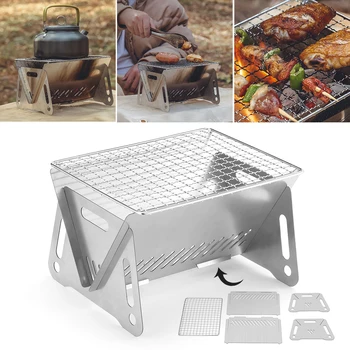 Katlanır ızgara kamp sobası Paslanmaz Çelik Ayrılabilir BARBEKÜ soba Taşınabilir kömür sobası pişirme ızgarası Açık seyahat piknik için
