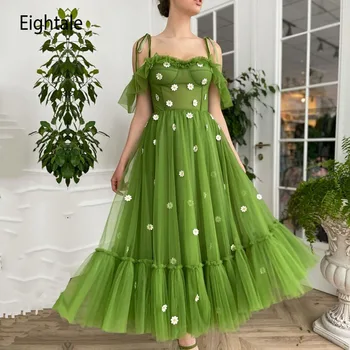 Zarif Nane Yeşil balo kıyafetleri 2021 Spagetti Kayışı A-Line Çay Boyu Tül Yaz Kız Düğün Parti Kıyafeti kutlama elbiseleri